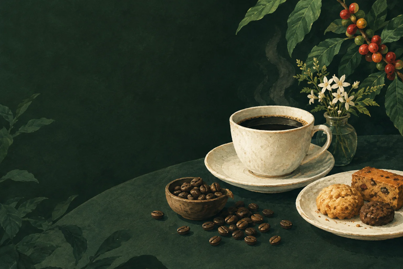 深い緑を背景に、陶器のカップに入ったコーヒーと焼き菓子を描いた生成イラスト。